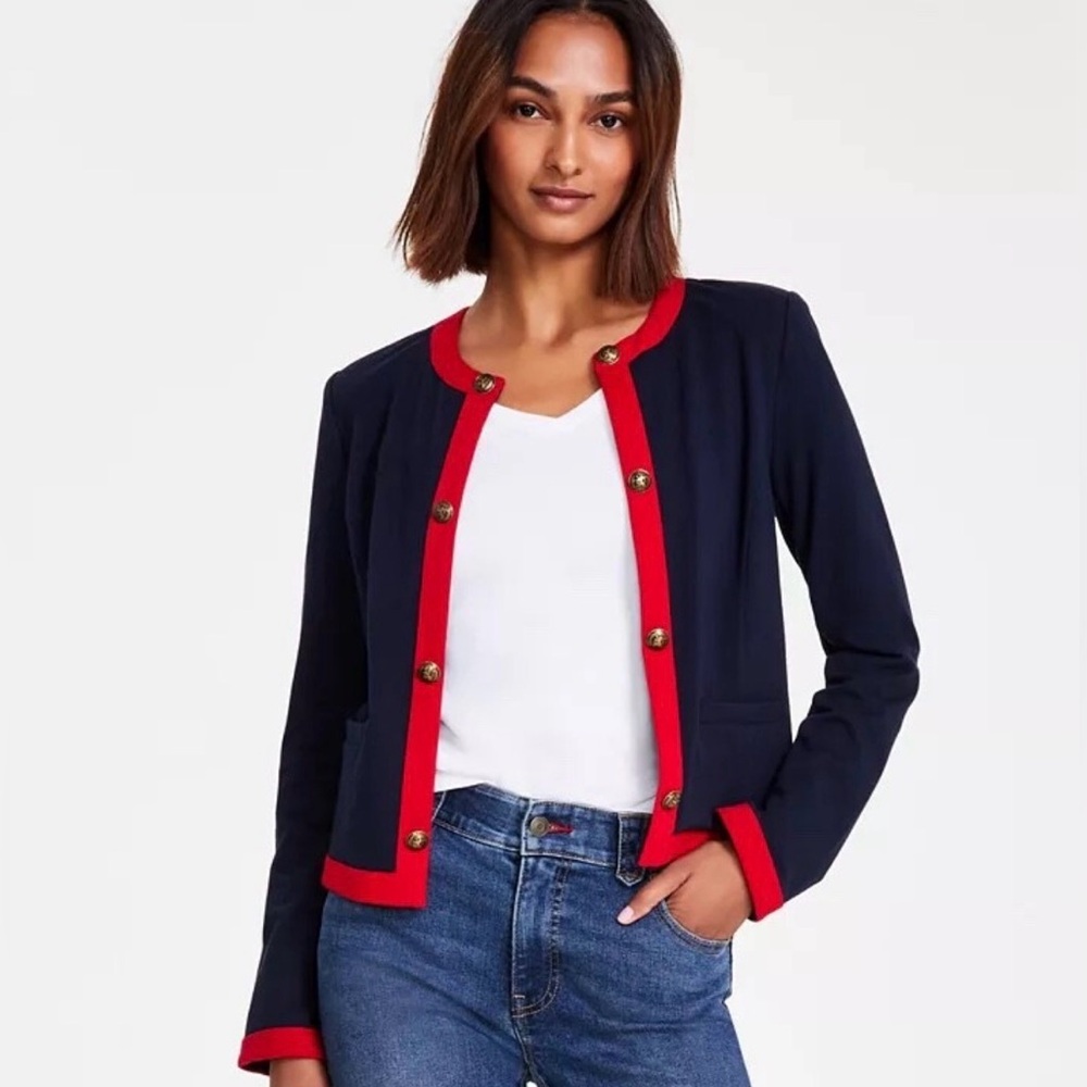 NWT Tommy Hilfiger Women’s Contrast Trim Open Front Jacket Size Large